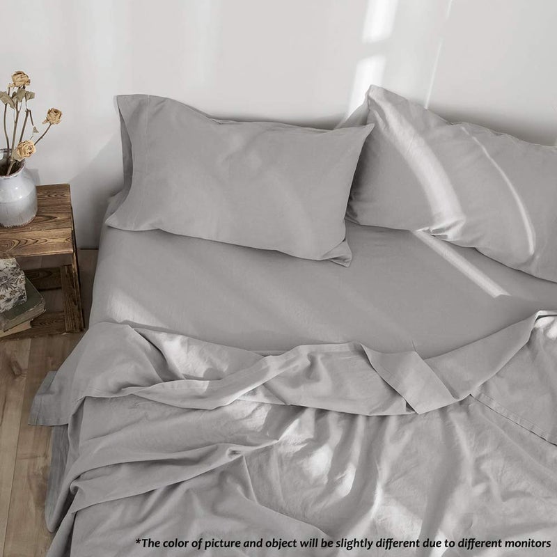 Simple&Opulence Belgian Linen Sheet Set Solid Color - 3 Pieces (1 Flat Sheet, 1 Fitted Sheet & 1 Pillowcase) Natural Flax Cotton Blend Soft Breathable Farmhouse Bedding - Twin Size, Grey - Image 5